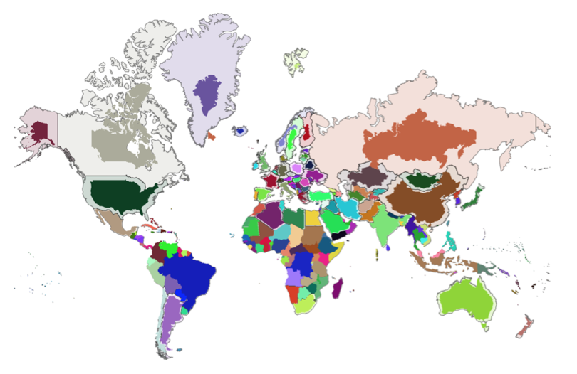 メルカトル(Mercator)図法における国の多角形の歪み: Wolfram言語 12の
